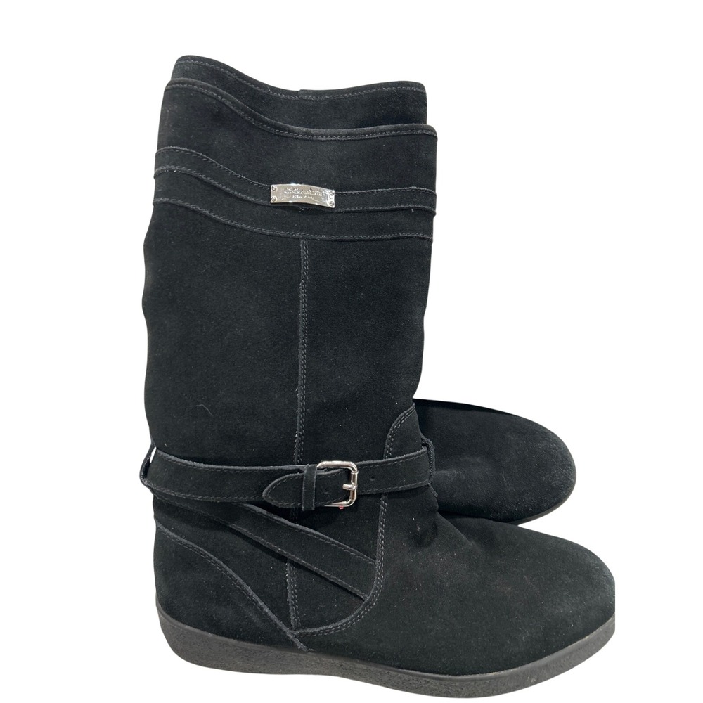 Coach Tallulah Black Suede Faux Shearling Mid-Calf Buckle Boots Womens 10B